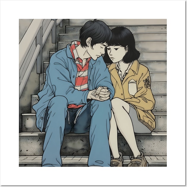 Brunet couple sitting on the bench and holding hands Wall Art by KOTYA